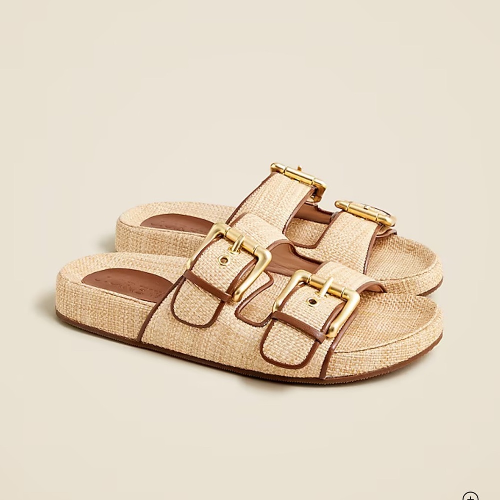J. Crew Natural Raffia Double-Buckle Slide Sandals with Gold Hardware